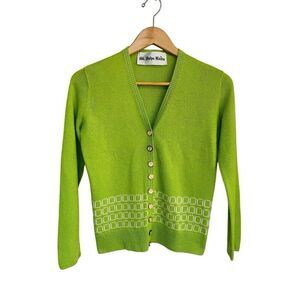 St John Knits VTG 70s Cardigan Sweater Lime Green White Square Detail Women’s S